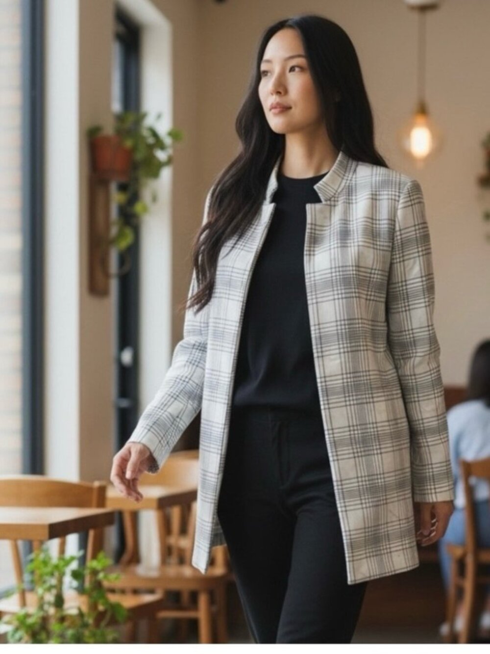 Carolina Belle White and Black Plaid Collarless Blazer Jacket Sz Medium